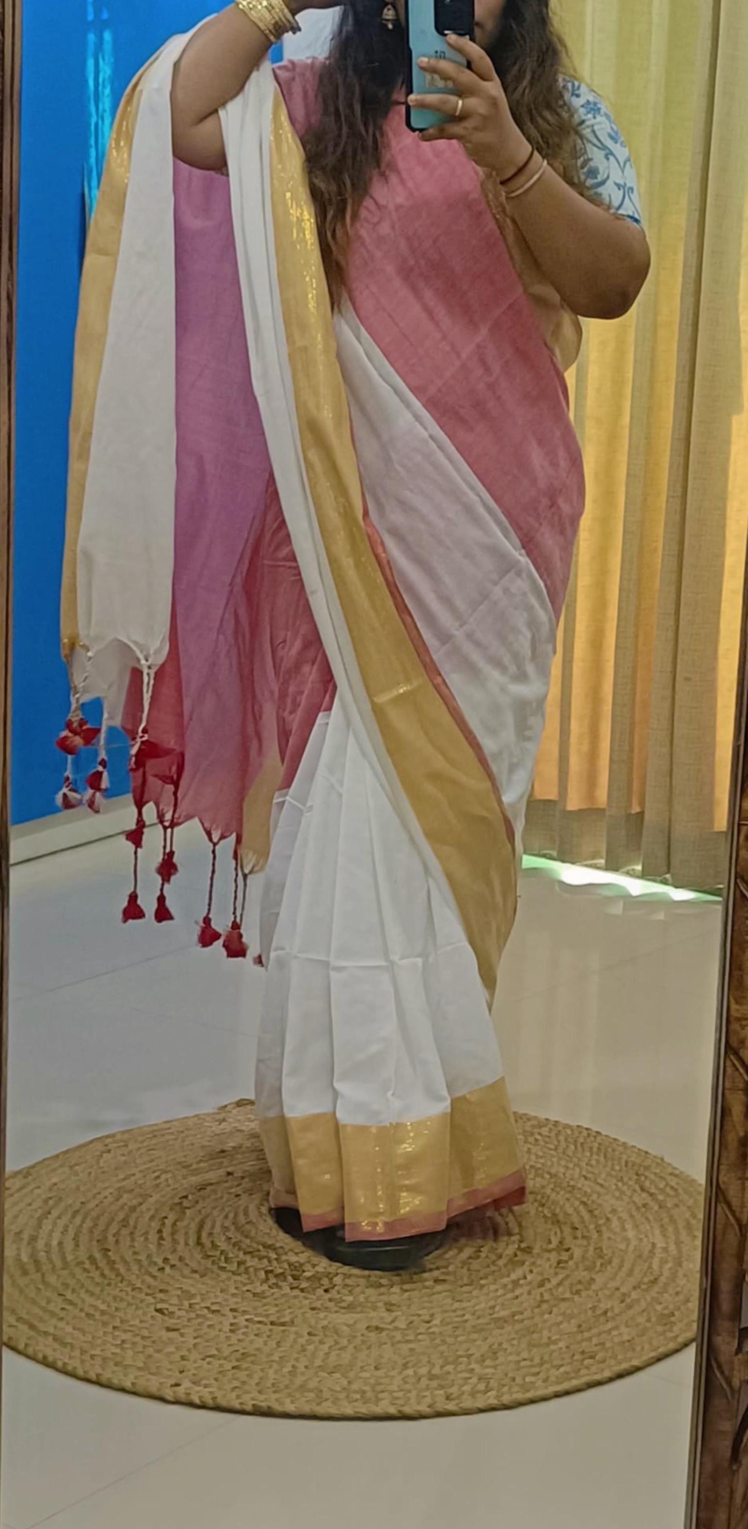Rangdhaaga White with pink Linen cotton Saree with golden pink Border
